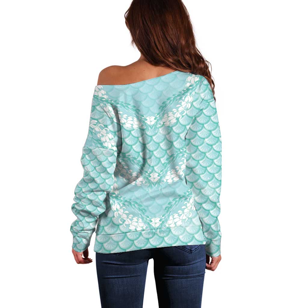 Light Turquoise Mermaid Puakenikeni Maile Lei Off Shoulder Sweater