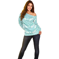 Light Turquoise Mermaid Puakenikeni Maile Lei Off Shoulder Sweater