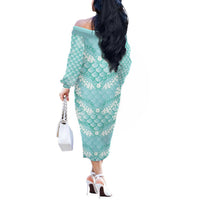 Light Turquoise Mermaid Puakenikeni Maile Lei Off The Shoulder Long Sleeve Dress LT01 - Polynesian Pride