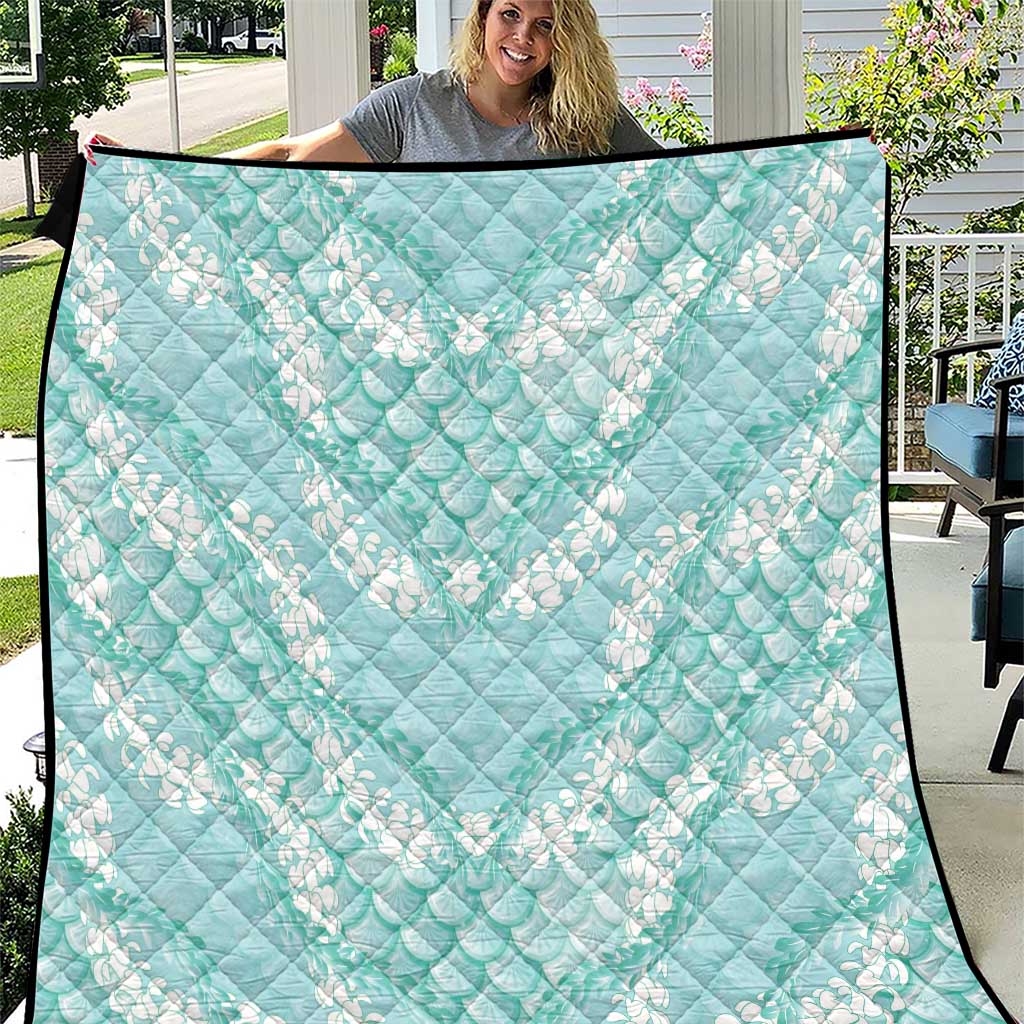 Light Turquoise Mermaid Puakenikeni Maile Lei Quilt