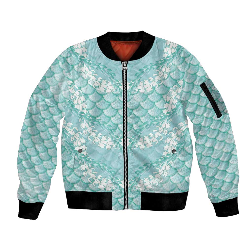 Light Turquoise Mermaid Puakenikeni Maile Lei Sleeve Zip Bomber Jacket