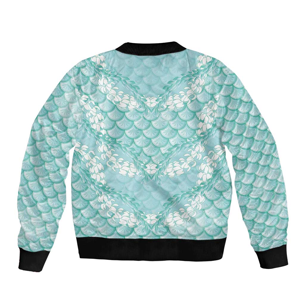 Light Turquoise Mermaid Puakenikeni Maile Lei Sleeve Zip Bomber Jacket