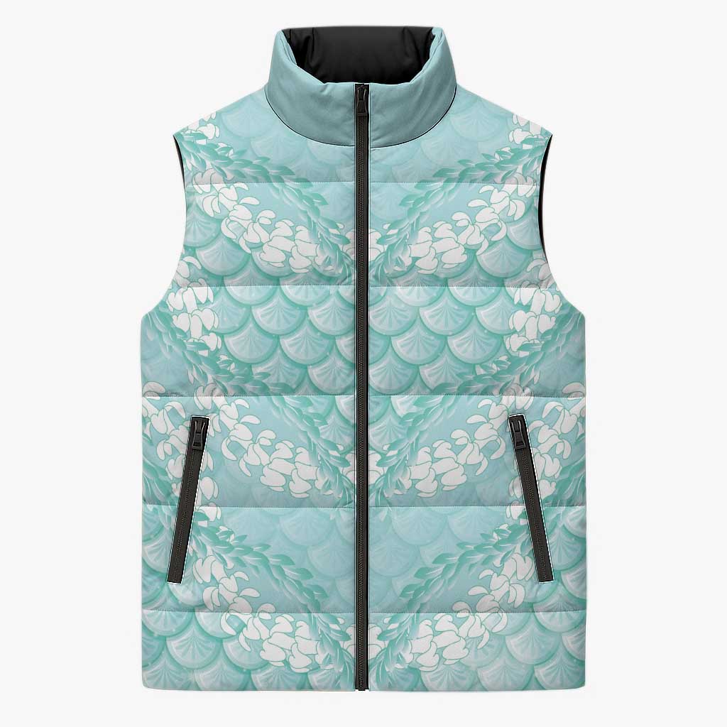 Light Turquoise Mermaid Puakenikeni Maile Lei Sleeveless Puffer Jacket LT01 Unisex Turquoise - Polynesian Pride