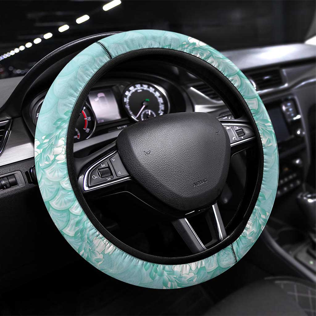 Light Turquoise Mermaid Puakenikeni Maile Lei Steering Wheel Cover LT01 Universal Fit Turquoise - Polynesian Pride