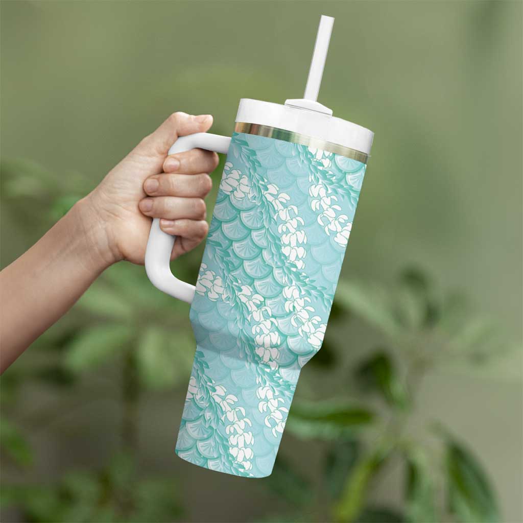 Light Turquoise Mermaid Puakenikeni Maile Lei Tumbler With Handle