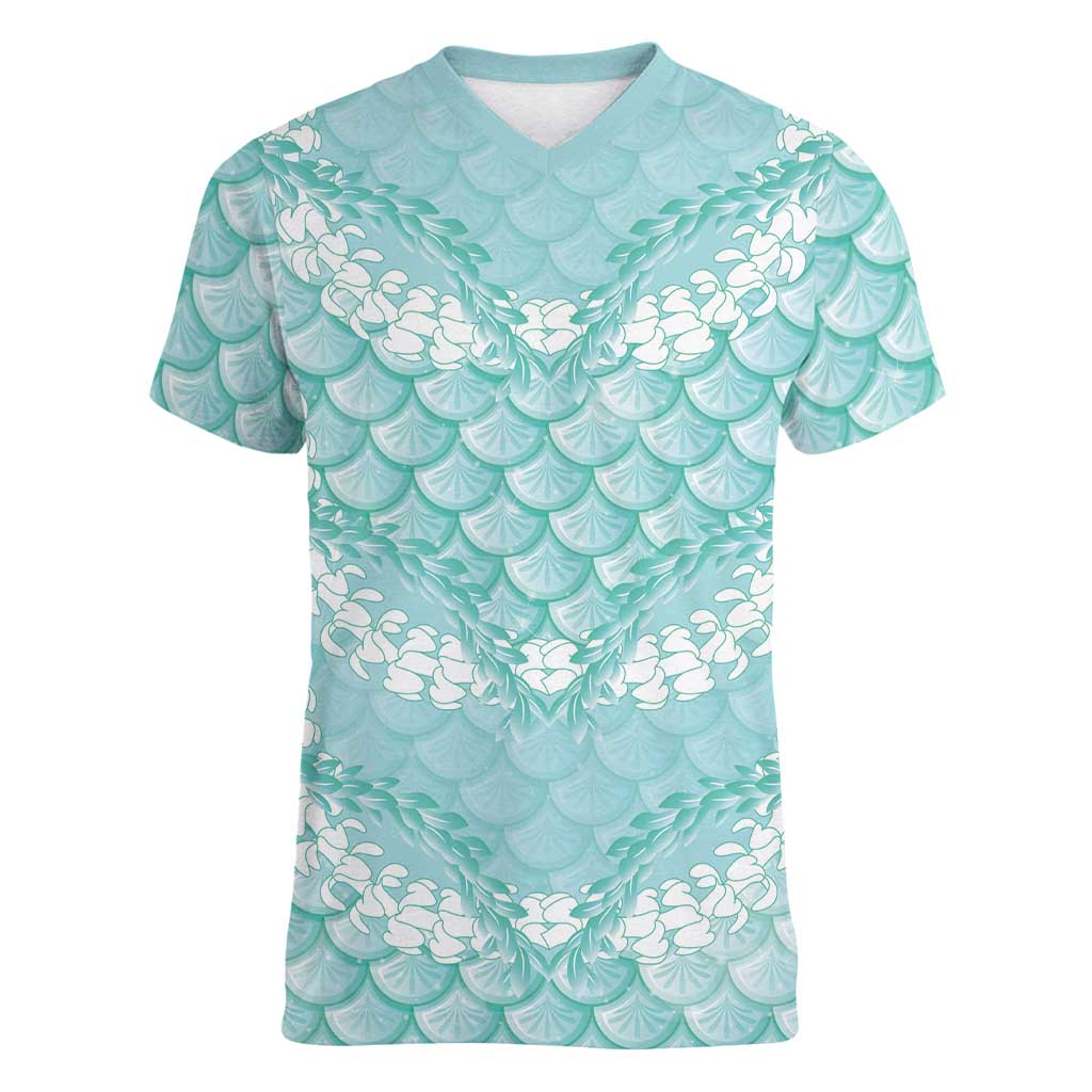 Light Turquoise Mermaid Puakenikeni Maile Lei Women V-Neck T-Shirt