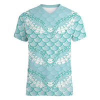 Light Turquoise Mermaid Puakenikeni Maile Lei Women V-Neck T-Shirt