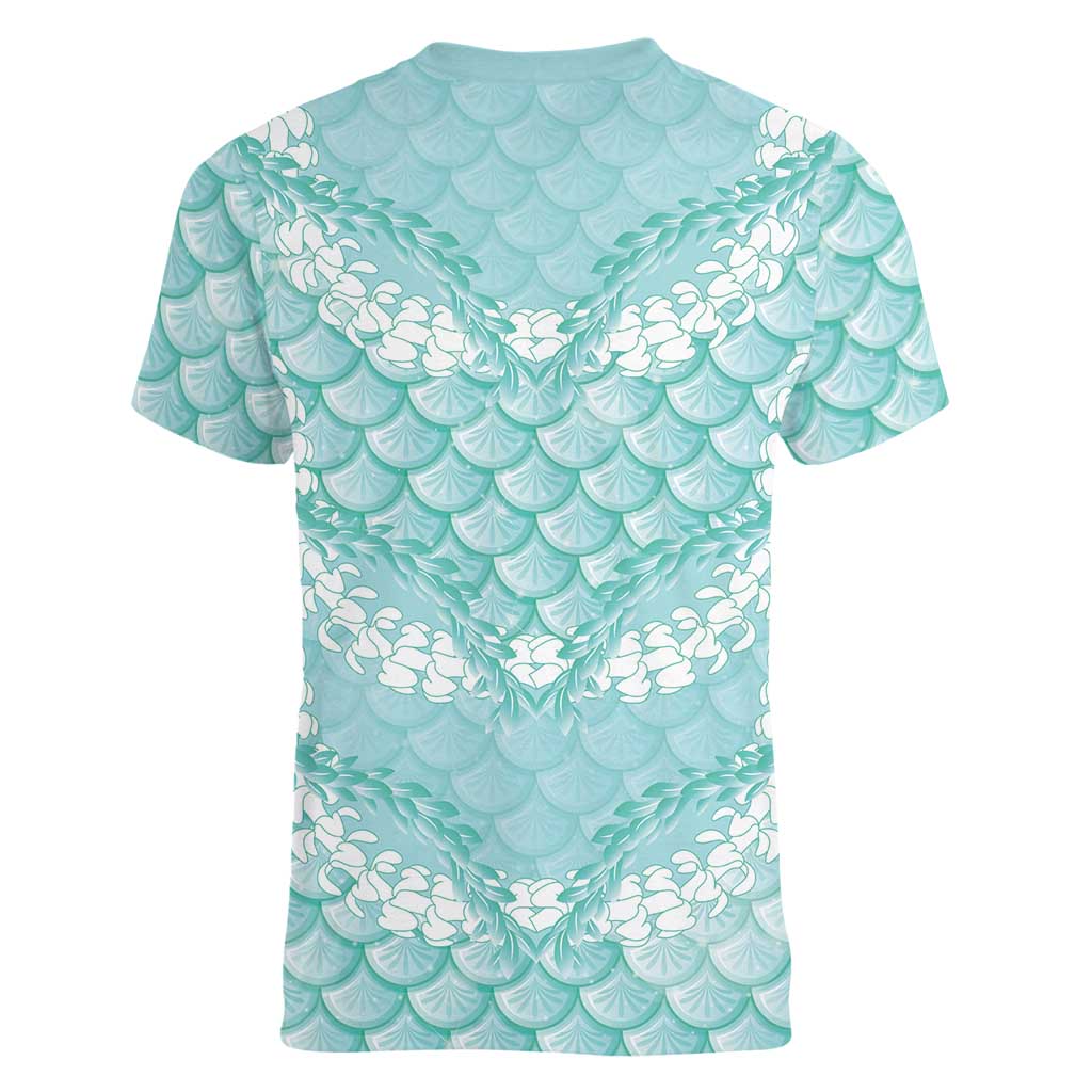 Light Turquoise Mermaid Puakenikeni Maile Lei Women V-Neck T-Shirt