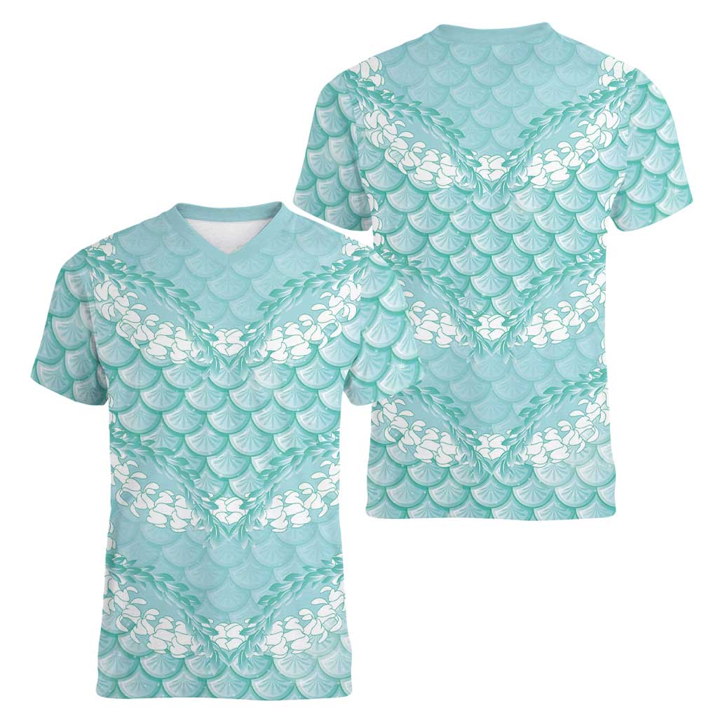 Light Turquoise Mermaid Puakenikeni Maile Lei Women V-Neck T-Shirt
