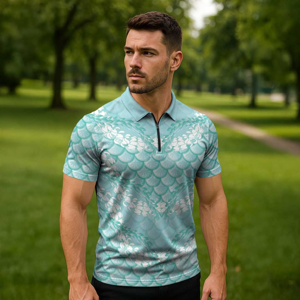 Light Turquoise Mermaid Puakenikeni Maile Lei Zipper Polo Shirt LT01 - Polynesian Pride