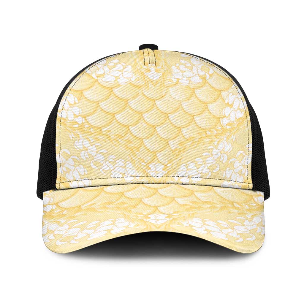 Pastel Yellow Mermaid Puakenikeni Maile Lei Baseball Net Cap