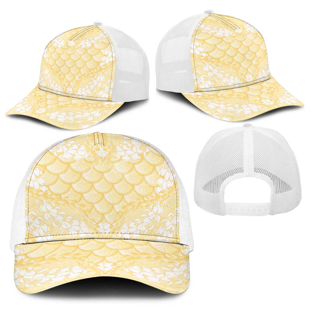 Pastel Yellow Mermaid Puakenikeni Maile Lei Baseball Net Cap