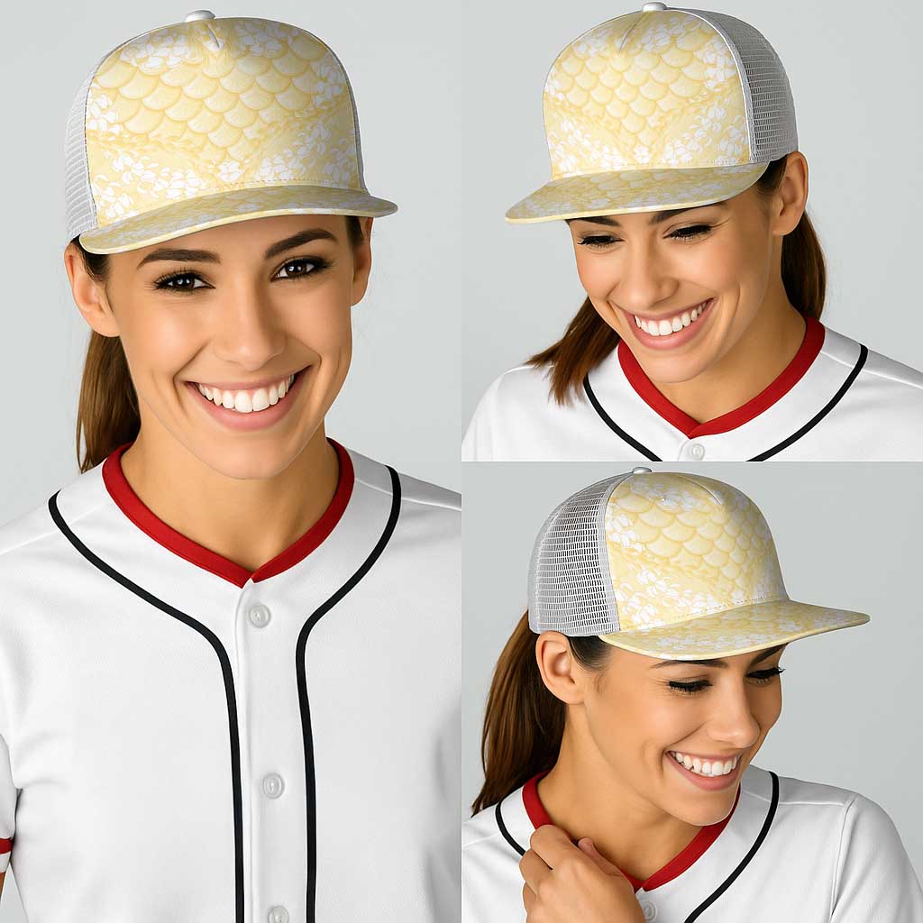 Pastel Yellow Mermaid Puakenikeni Maile Lei Baseball Net Cap