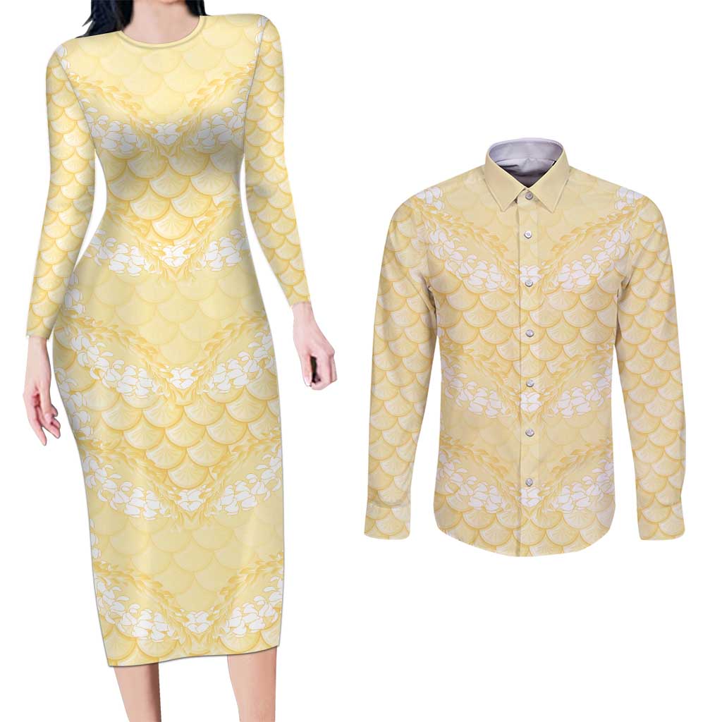 Pastel Yellow Mermaid Puakenikeni Maile Lei Couples Matching Long Sleeve Bodycon Dress and Long Sleeve Button Shirt