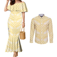 Pastel Yellow Mermaid Puakenikeni Maile Lei Couples Matching Mermaid Dress and Long Sleeve Button Shirt