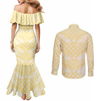 Pastel Yellow Mermaid Puakenikeni Maile Lei Couples Matching Mermaid Dress and Long Sleeve Button Shirt