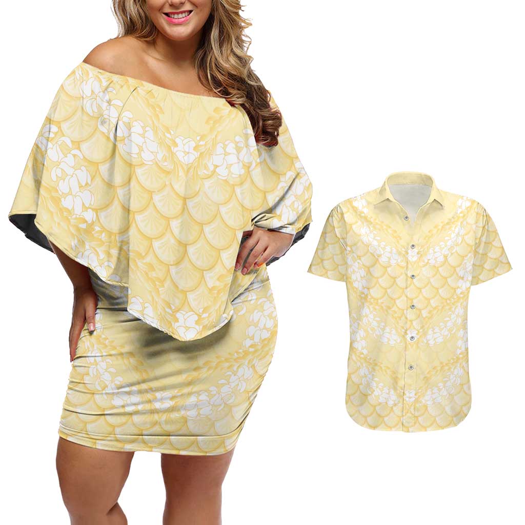 Pastel Yellow Mermaid Puakenikeni Maile Lei Couples Matching Off Shoulder Short Dress and Hawaiian Shirt LT01 Yellow - Polynesian Pride