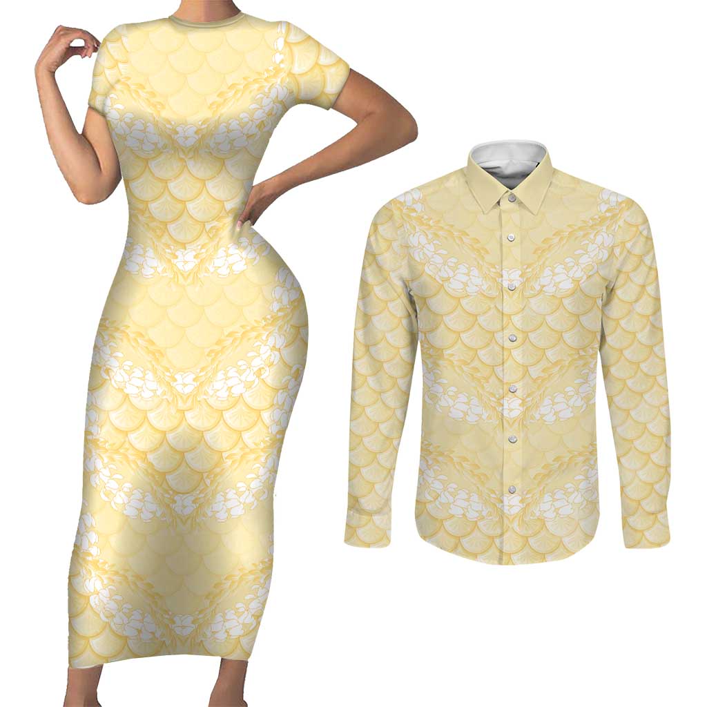 Pastel Yellow Mermaid Puakenikeni Maile Lei Couples Matching Short Sleeve Bodycon Dress and Long Sleeve Button Shirt LT01 Yellow - Polynesian Pride