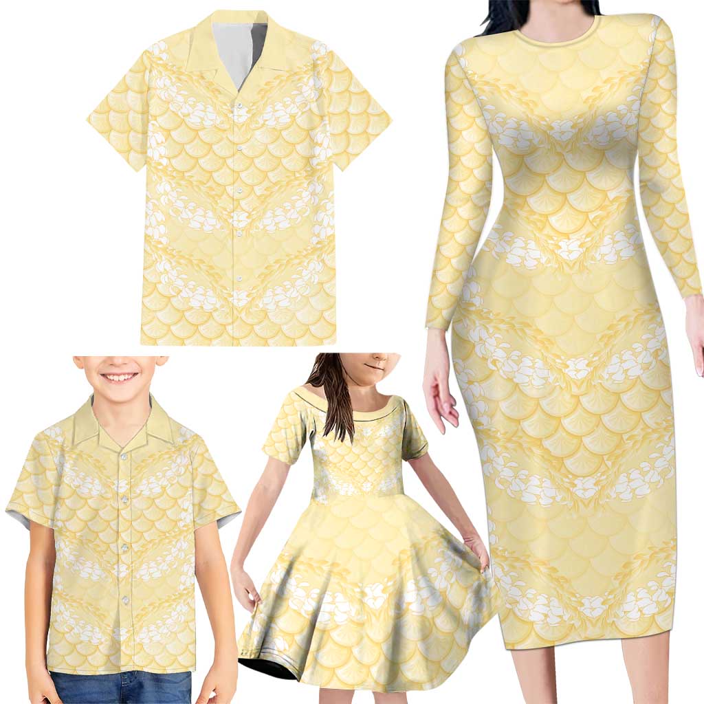 Pastel Yellow Mermaid Puakenikeni Maile Lei Family Matching Long Sleeve Bodycon Dress and Hawaiian Shirt LT01 - Polynesian Pride