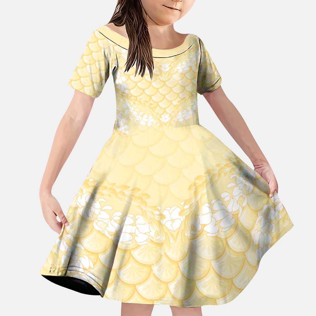 Pastel Yellow Mermaid Puakenikeni Maile Lei Family Matching Off The Shoulder Long Sleeve Dress and Hawaiian Shirt LT01 Daughter's Dress Yellow - Polynesian Pride