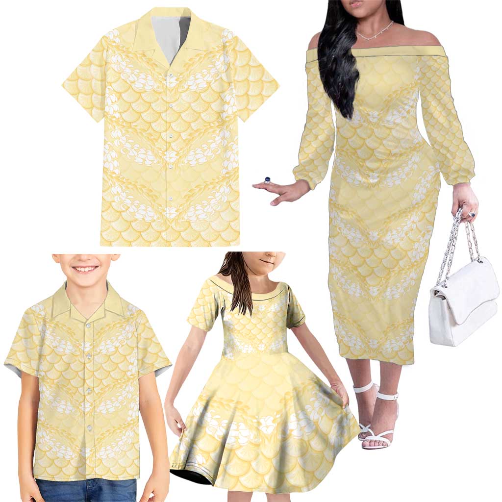 Pastel Yellow Mermaid Puakenikeni Maile Lei Family Matching Off The Shoulder Long Sleeve Dress and Hawaiian Shirt LT01 - Polynesian Pride
