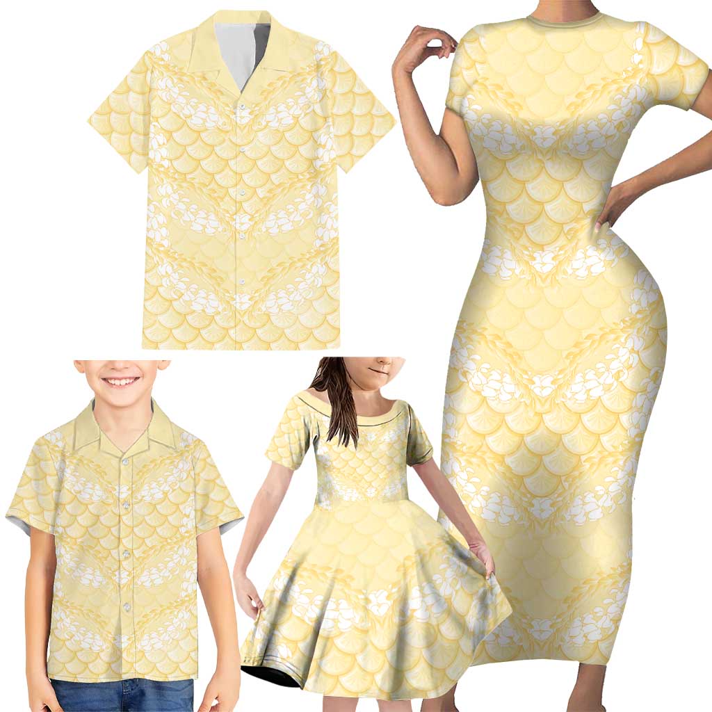 Pastel Yellow Mermaid Puakenikeni Maile Lei Family Matching Short Sleeve Bodycon Dress and Hawaiian Shirt LT01 - Polynesian Pride
