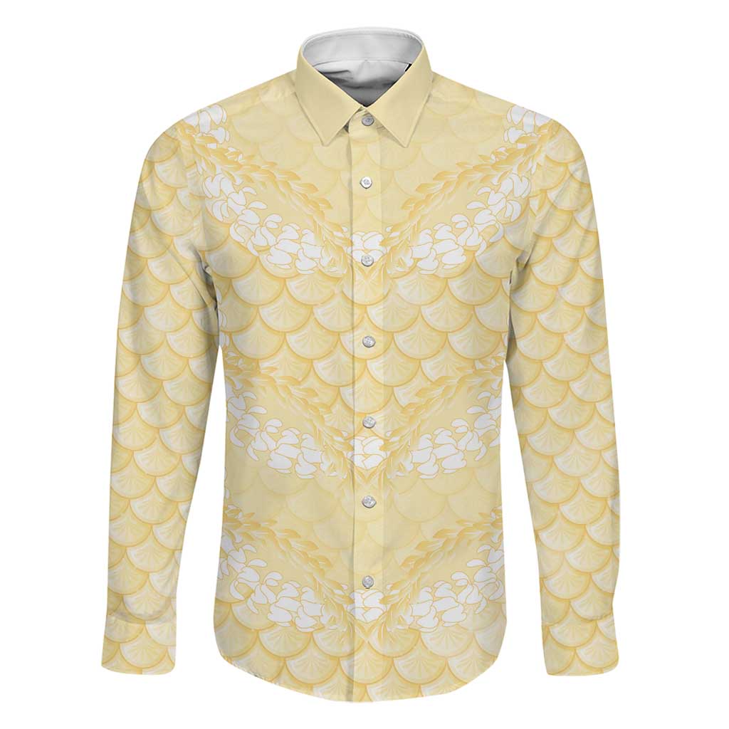 Pastel Yellow Mermaid Puakenikeni Maile Lei Family Matching Short Sleeve Bodycon Dress and Hawaiian Shirt LT01 Dad's Shirt - Long Sleeve Yellow - Polynesian Pride