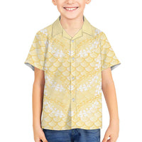 Pastel Yellow Mermaid Puakenikeni Maile Lei Family Matching Short Sleeve Bodycon Dress and Hawaiian Shirt LT01 Son's Shirt Yellow - Polynesian Pride