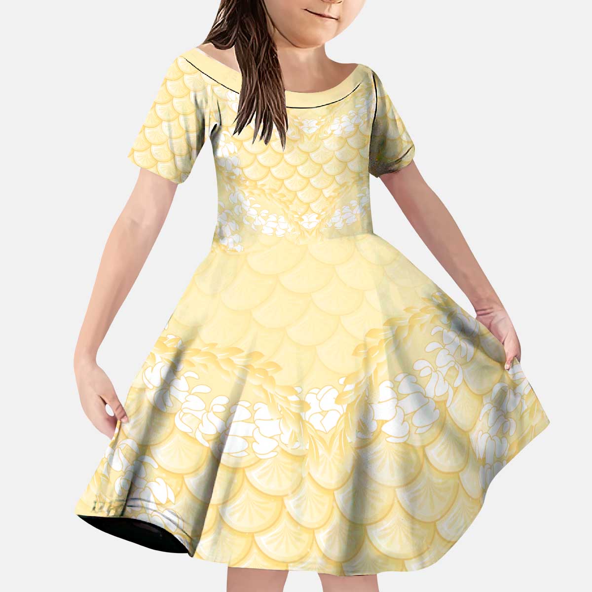 Pastel Yellow Mermaid Puakenikeni Maile Lei Kid Short Sleeve Dress LT01 KID Yellow - Polynesian Pride