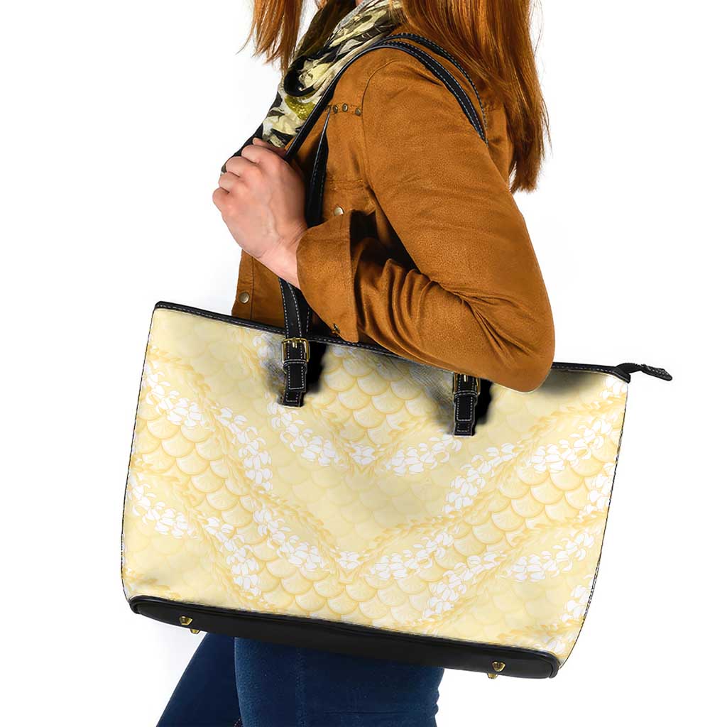 Pastel Yellow Mermaid Puakenikeni Maile Lei Leather Tote Bag LT01 Yellow - Polynesian Pride