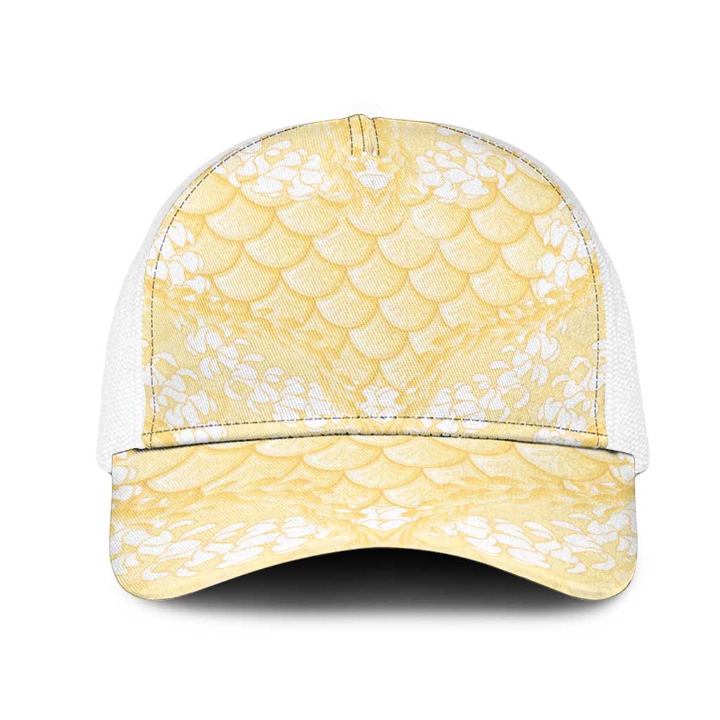 Pastel Yellow Mermaid Puakenikeni Maile Lei Mesh Trucker Cap LT01 One Size White Yellow - Polynesian Pride