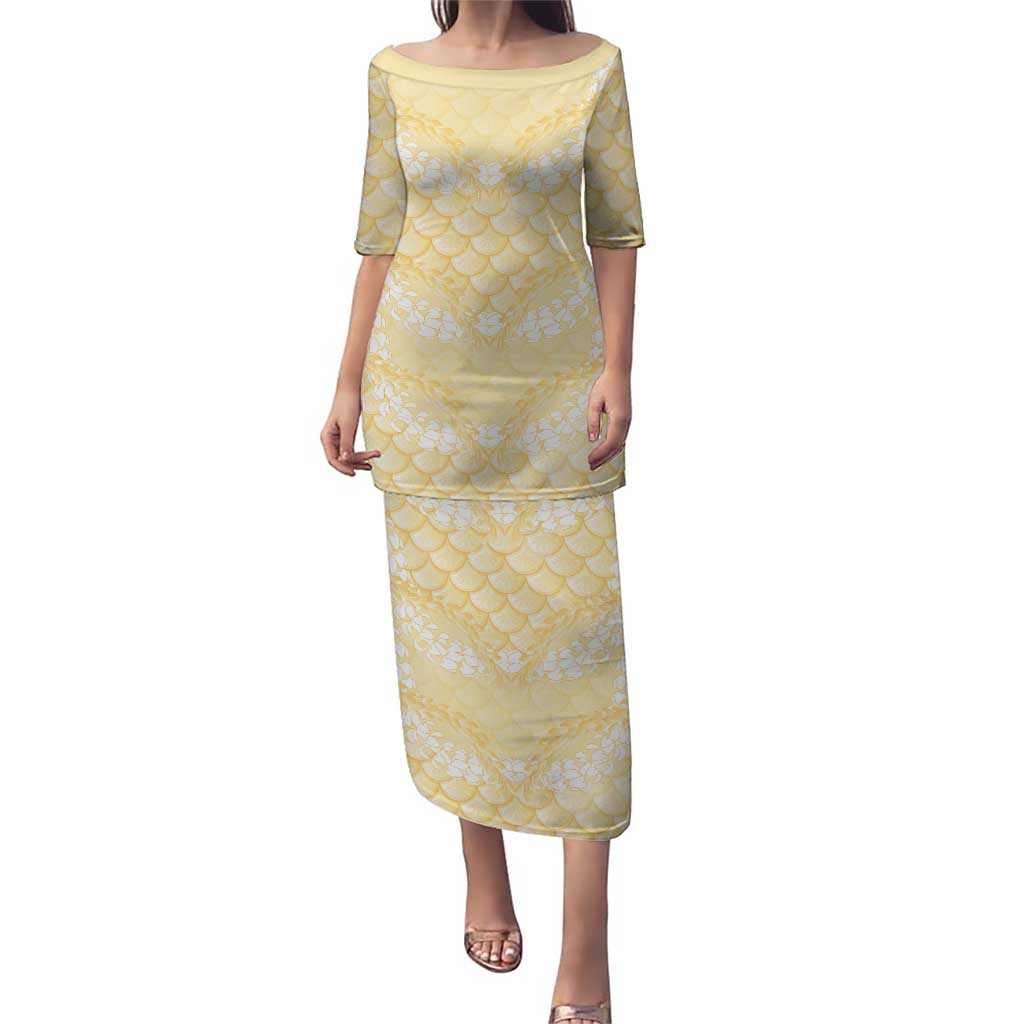 Pastel Yellow Mermaid Puakenikeni Maile Lei Puletasi LT01 Long Dress Yellow - Polynesian Pride