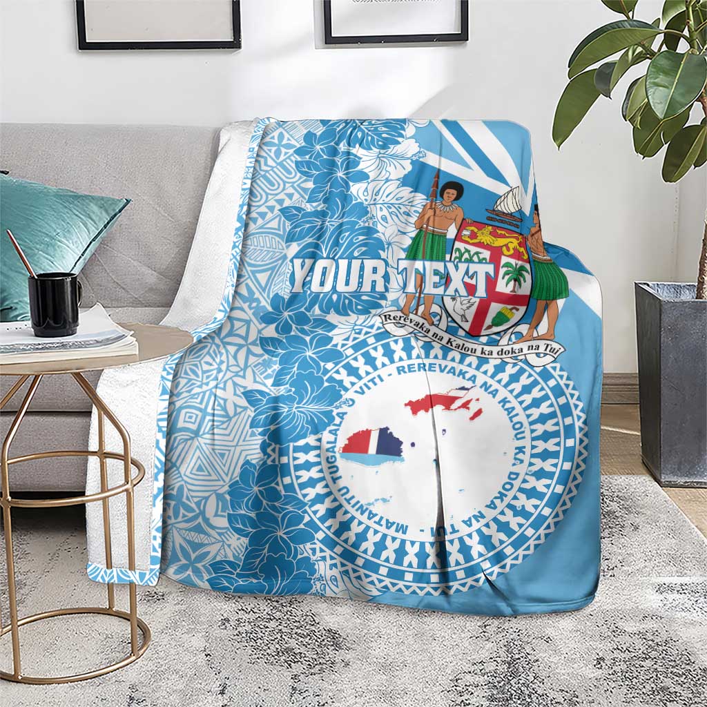 Personalised Fiji Day Blanket Fijian Map Hibiscus Tapa Pattern