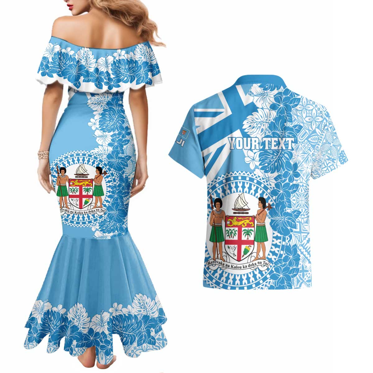Personalised Fiji Day Couples Matching Mermaid Dress and Hawaiian Shirt Fijian Map Hibiscus Tapa Pattern LT01