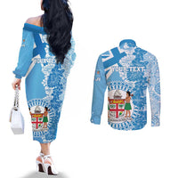Personalised Fiji Day Couples Matching Off The Shoulder Long Sleeve Dress and Long Sleeve Button Shirt Fijian Map Hibiscus Tapa Pattern LT01