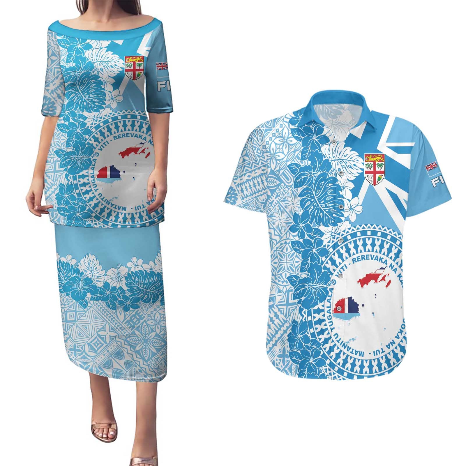 Personalised Fiji Day Couples Matching Puletasi and Hawaiian Shirt Fijian Map Hibiscus Tapa Pattern LT01