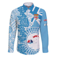 Personalised Fiji Day Family Matching Short Sleeve Bodycon Dress and Hawaiian Shirt Fijian Map Hibiscus Tapa Pattern LT01 Dad's Shirt - Long Sleeve Blue - Polynesian Pride