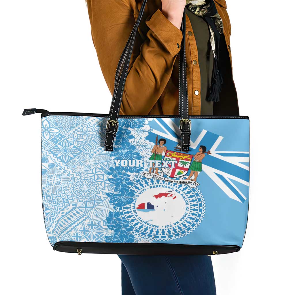 Personalised Fiji Day Leather Tote Bag Fijian Map Hibiscus Tapa Pattern LT01 - Polynesian Pride