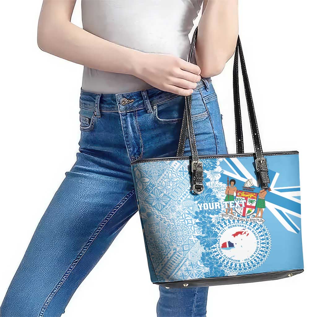Personalised Fiji Day Leather Tote Bag Fijian Map Hibiscus Tapa Pattern LT01 - Polynesian Pride
