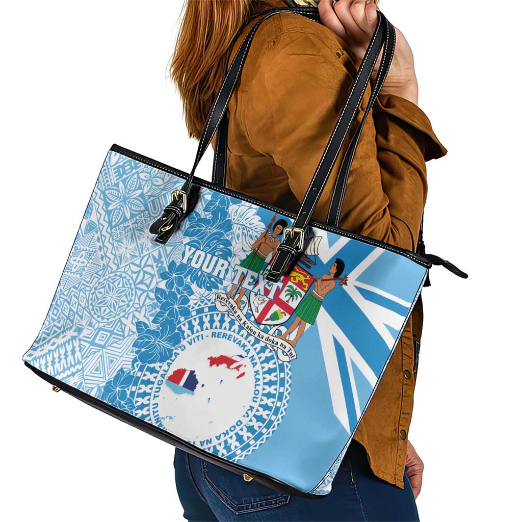 Personalised Fiji Day Leather Tote Bag Fijian Map Hibiscus Tapa Pattern LT01 - Polynesian Pride