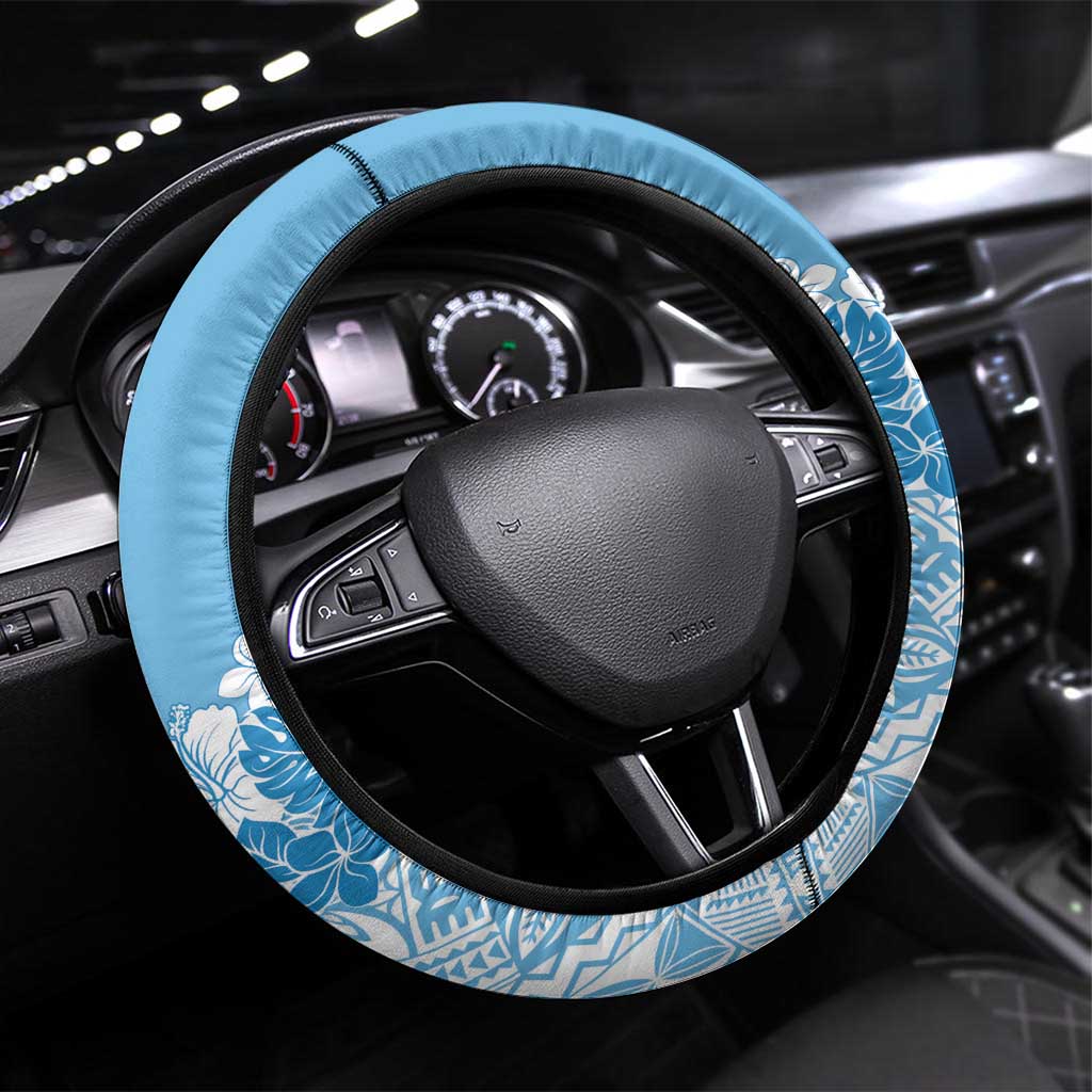 Fiji Day Steering Wheel Cover Fijian Map Hibiscus Tapa Pattern LT01 Universal Fit Blue - Polynesian Pride