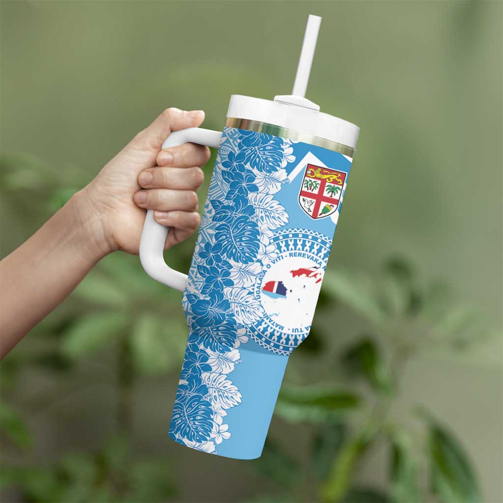 Personalised Fiji Day Tumbler With Handle Fijian Map Hibiscus Tapa Pattern