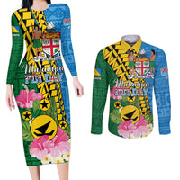 Personalised Malampa Fiji Day Couples Matching Long Sleeve Bodycon Dress and Long Sleeve Button Shirt Tropical Tapa Pattern