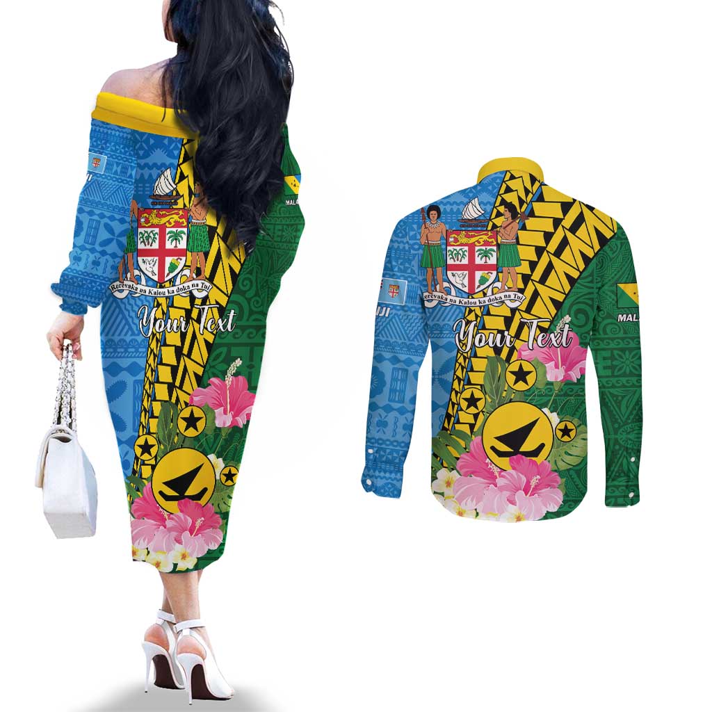 Personalised Malampa Fiji Day Couples Matching Off The Shoulder Long Sleeve Dress and Long Sleeve Button Shirt Tropical Tapa Pattern