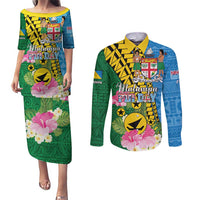 Personalised Malampa Fiji Day Couples Matching Puletasi and Long Sleeve Button Shirt Tropical Tapa Pattern