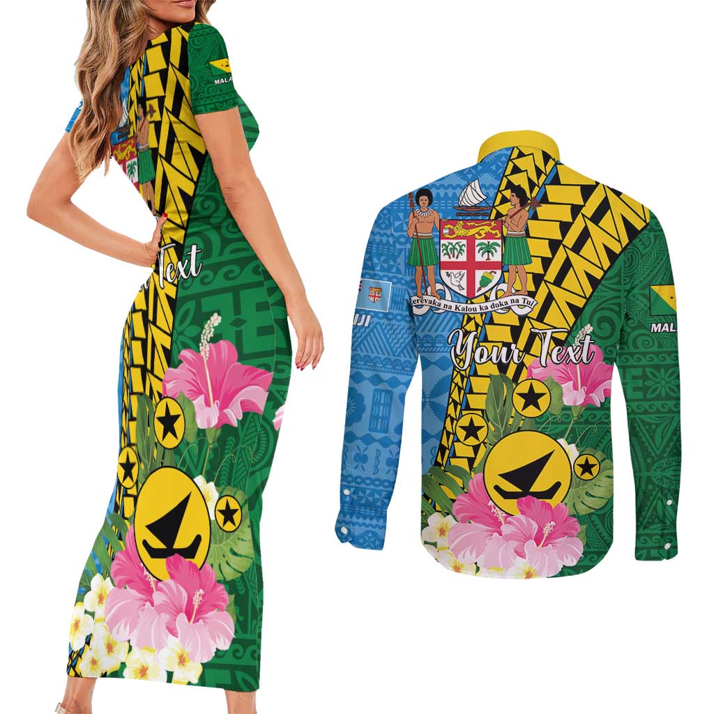 Personalised Malampa Fiji Day Couples Matching Short Sleeve Bodycon Dress and Long Sleeve Button Shirt Tropical Tapa Pattern