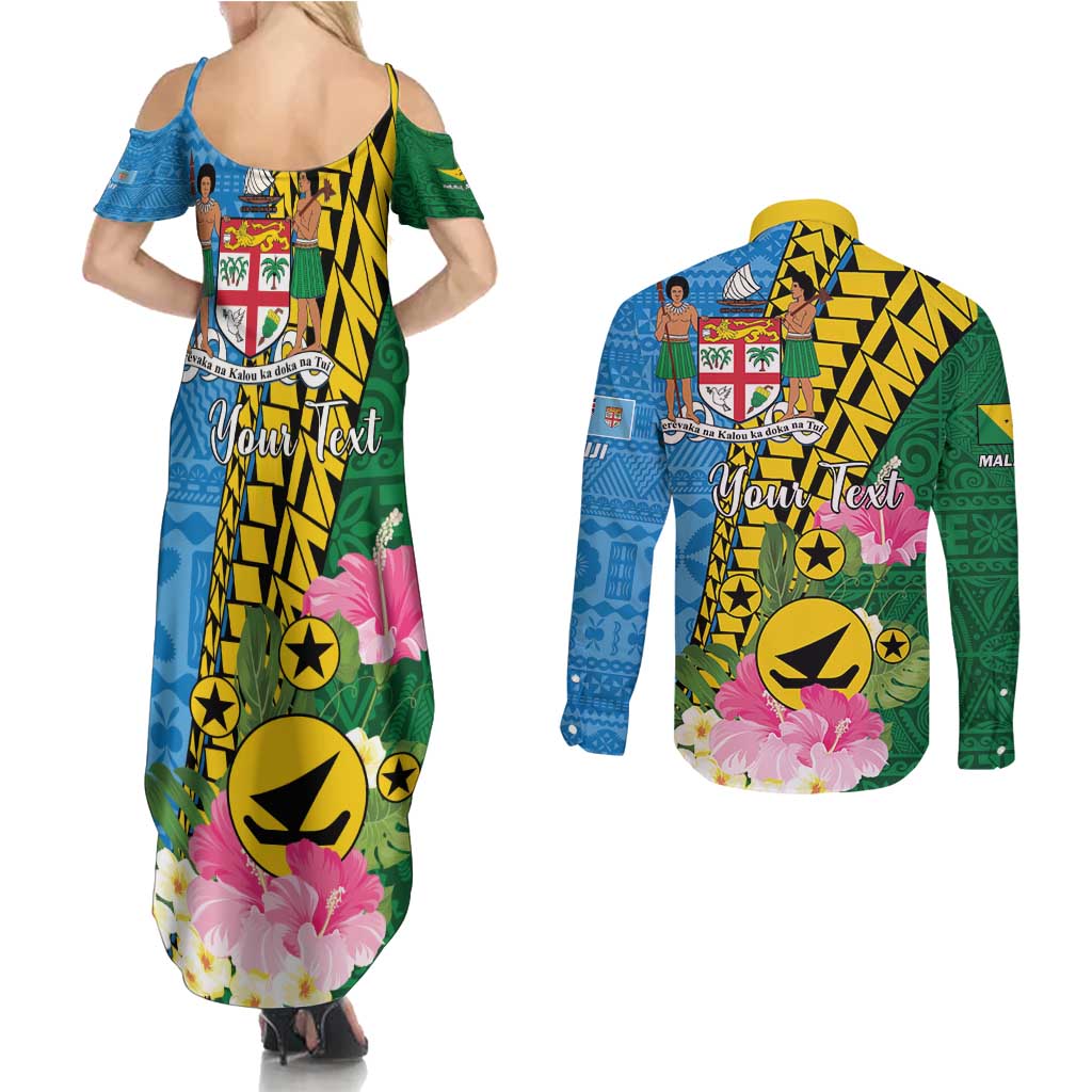 Personalised Malampa Fiji Day Couples Matching Summer Maxi Dress and Long Sleeve Button Shirt Tropical Tapa Pattern