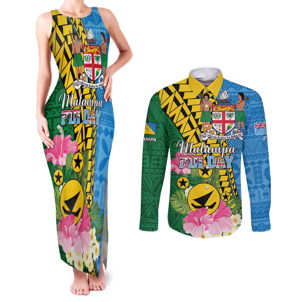 Personalised Malampa Fiji Day Couples Matching Tank Maxi Dress and Long Sleeve Button Shirt Tropical Tapa Pattern