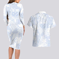 Samoa White Sunday Couples Matching Long Sleeve Bodycon Dress and Hawaiian Shirt Plumeria Floral