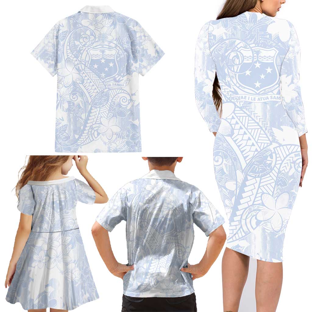 Samoa White Sunday Family Matching Long Sleeve Bodycon Dress and Hawaiian Shirt Plumeria Floral